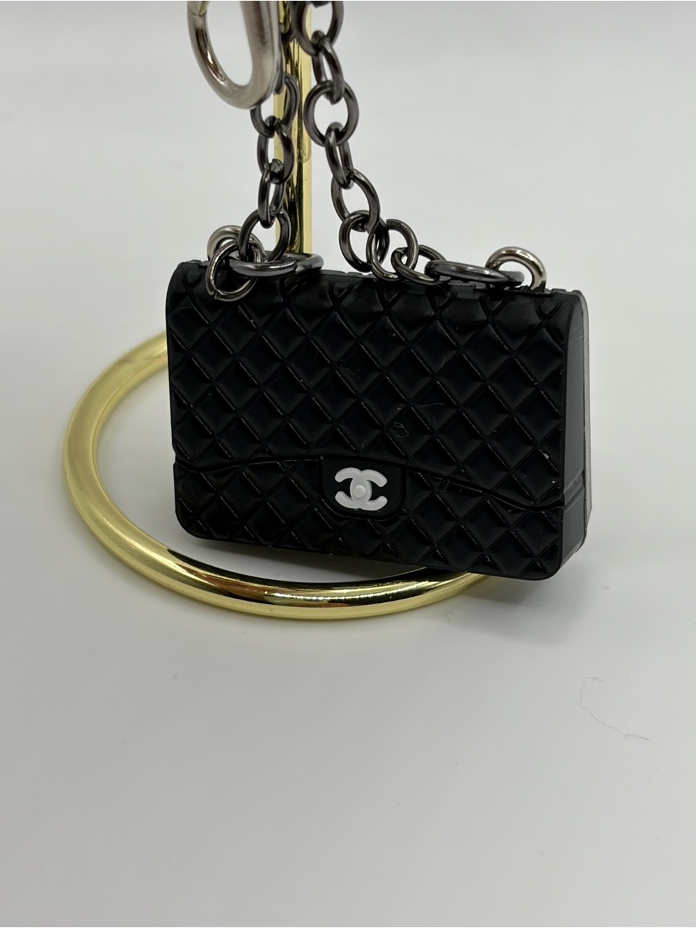 Novelty Black Quilted Mini Bag Keychain with Silver Logo